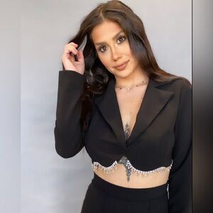 Elegant Black Cropped Blazer with Crystal Fringe